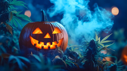 Obraz premium Carved jack o lantern glowing among cannabis plants with blue smoke for a creepy halloween gathering