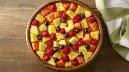 Fresh and Colorful Fruit Salad in Wooden Bowl