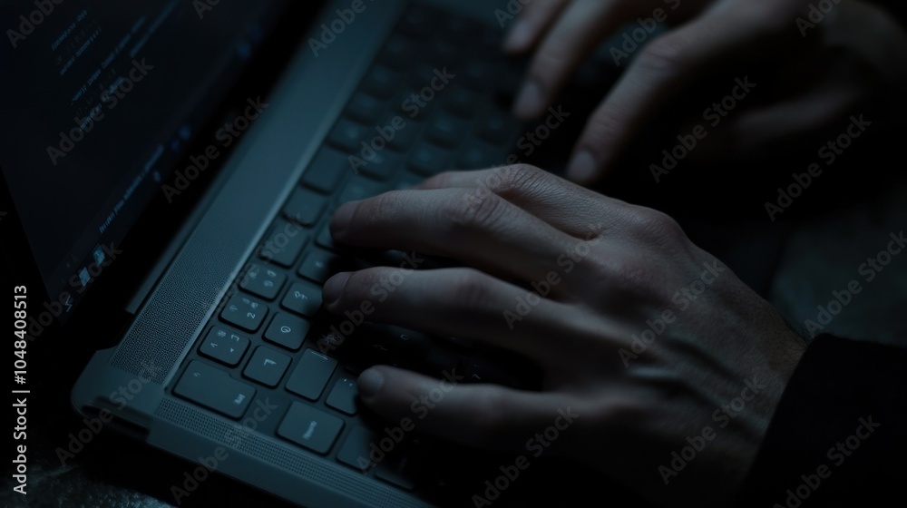 Poster close-up of hands typing on a laptop keyboard in a dimly lit room.