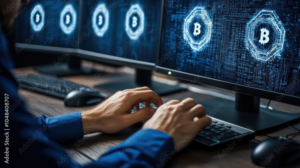 Poster person working on multiple monitors displaying cryptocurrency data and blockchain graphics.