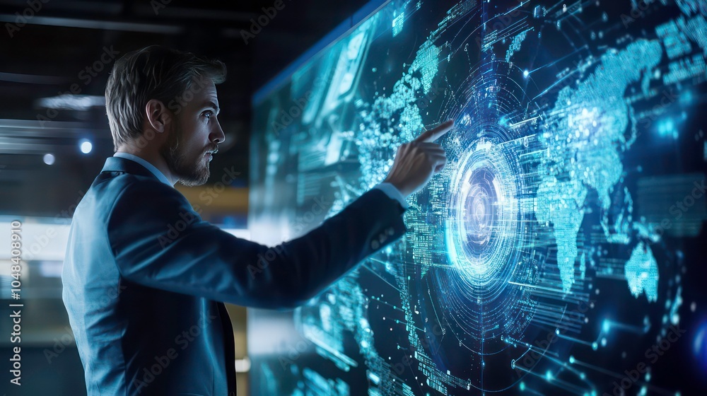 Aufkleber A businessman interacts with a large screen displaying a world map and data visualizations, representing global connectivity and data analysis.