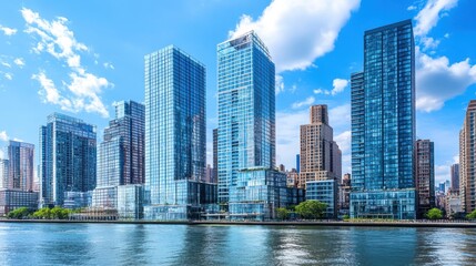 Obraz premium Majestic Skyscrapers and Reflective Waters: A Captivating Urban Landscape