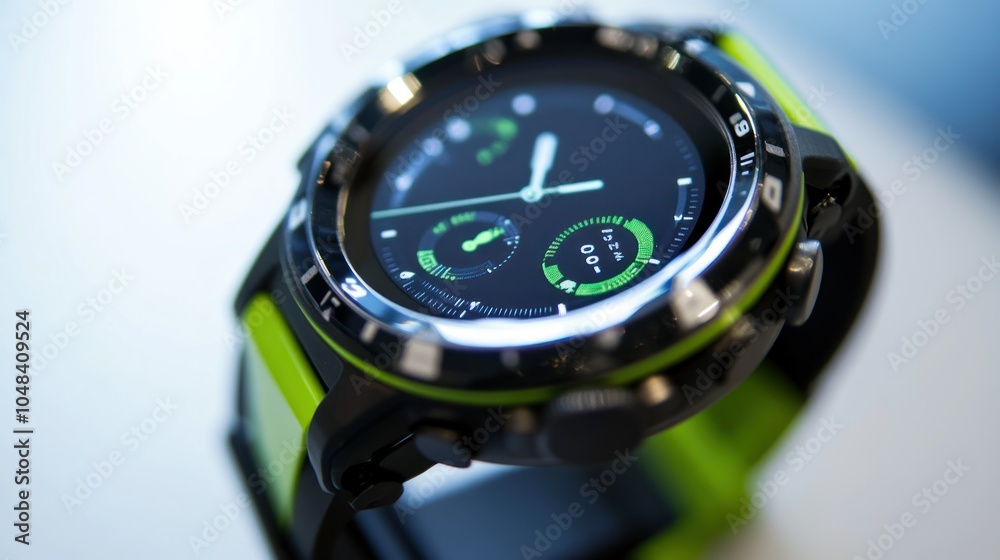Poster close-up of a black and green smartwatch with digital display