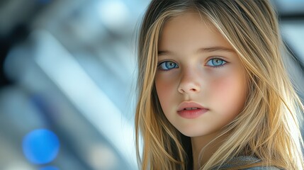 Obraz premium The girl, with her beautiful long blonde hair, stands in a serene setting, her expressive blue eyes focused and thoughtful, reflecting a moment of contemplation