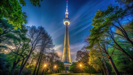 Tower at night with trees in foreground.