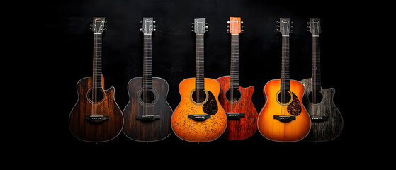 Fototapeta premium Five guitars aligned in a row against a black backdrop; each adorned with orange and brown paint
