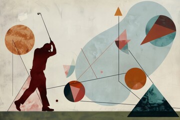 Abstract Golf Swing Artwork: Silhouette of Golfer with Geometric Shapes and Muted Colors, Perfect for Sports and Fitness Themes in Creative Design.