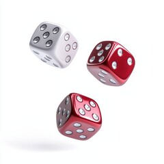 Three dice in white and red, mid-air, isolated on a white background, representing chance and games.