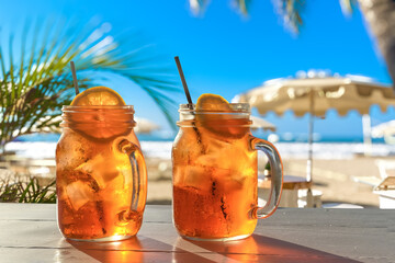two aperol spritz cocktails on the beach in summer