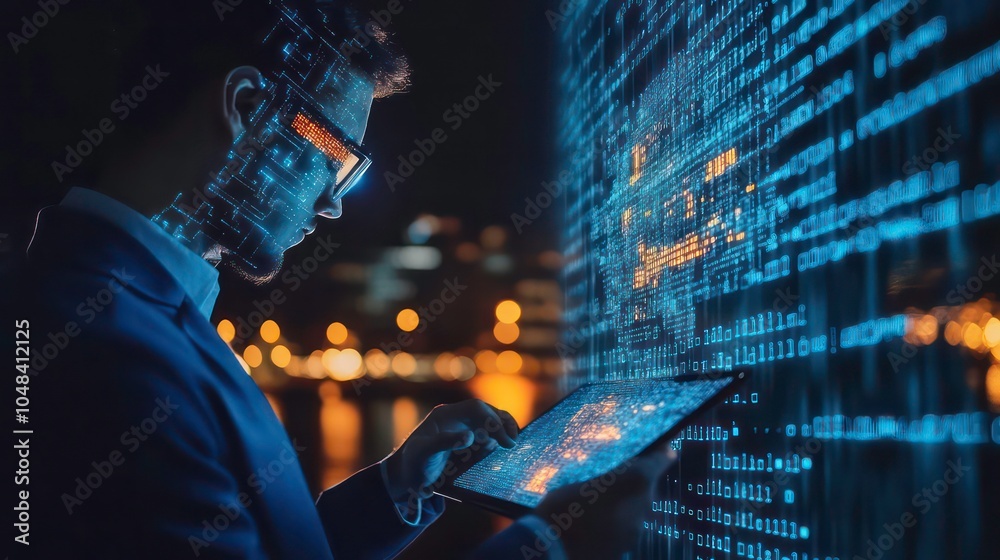 Aufkleber A man in a suit uses a tablet computer and is surrounded by digital code and data.