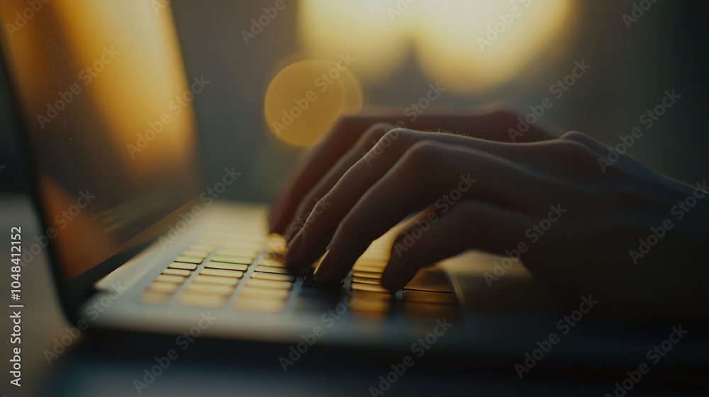 Poster close-up of hands typing on a laptop keyboard at sunset