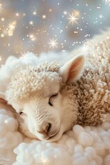 Adorable sleeping lamb nestled in soft clouds, surrounded by a dreamy, twinkling background of glowing stars, evoking a sense of peace and tranquility.