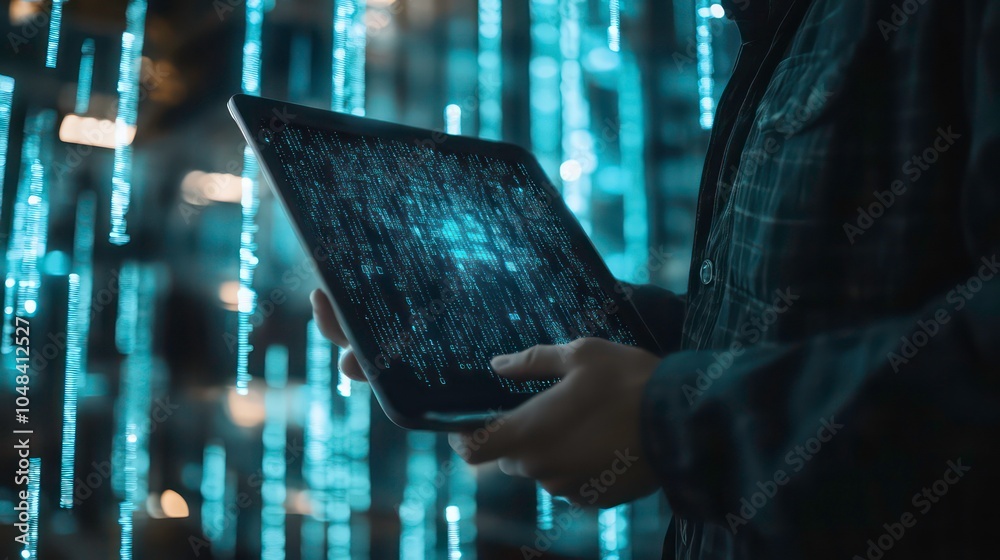 Aufkleber A person holds a tablet with a glowing blue digital code on the screen against a background of blue digital code.