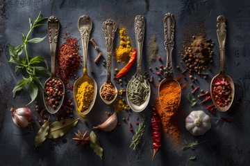 Crédence de cuisine Herbes An artistic display of vibrant spices in ornate spoons on a dark surface, highlighting culinary diversity and flavor inspiration for food lovers.  © felix_brönnimann