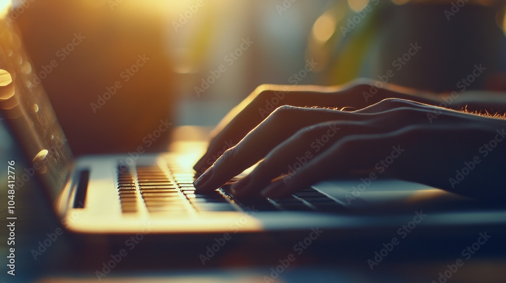 Poster close-up of hands typing on a laptop keyboard in golden sunlight