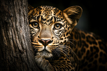 Fototapeta premium close up of leopard resting against tree, showcasing its striking fur pattern and expressive eyes. image captures beauty and intensity of this majestic animal in serene moment