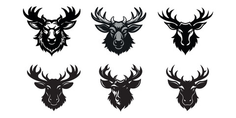 elegant black deer head icons with antlers for logo design