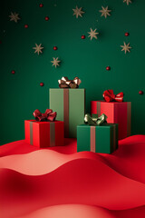 Elegant Christmas Gift Boxes with Festive Bows on Red and Green Background
