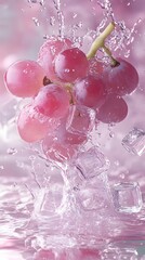 A cool splash as pink grapes enter water, blending pinkish hues with ice cubes and floating white flowers