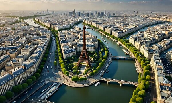 Aerial view of Eiffel Tower with Seine River in Paris on a sunny day, iconic cityscape