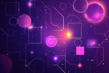 Fototapeta premium Abstract geometric line art with purple and white shapes on a deep purple background, featuring circles, squares, and lines in a modern and minimalist style