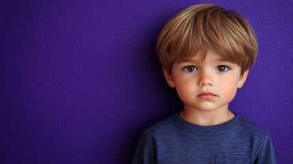 Naklejka premium A young boy exhibits a contemplative look while leaning lightly against a bright purple wall. Soft natural light casts a gentle glow, enhancing his features