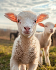 Fototapeta premium cute lamb stands in grassy field, showcasing its fluffy white wool and bright eyes, embodying innocence of farm life. background features other sheep grazing peacefully