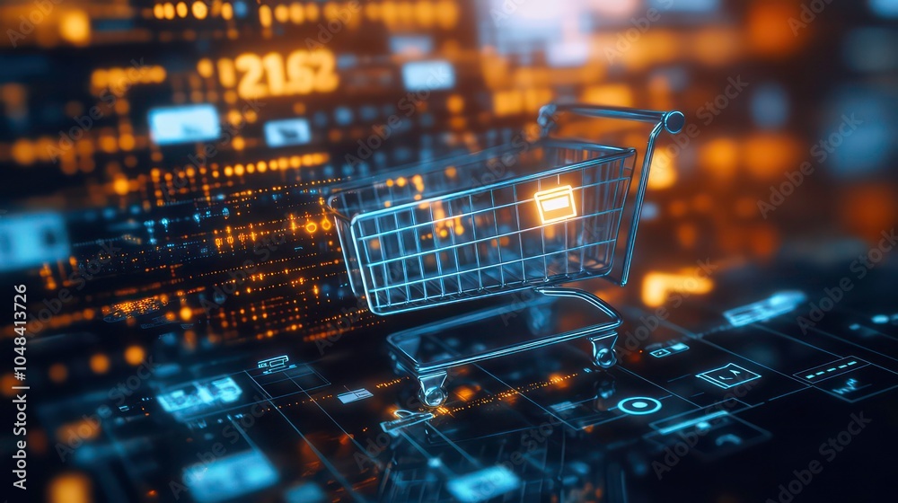 Poster a shopping cart icon with a glowing orange light in a digital background.