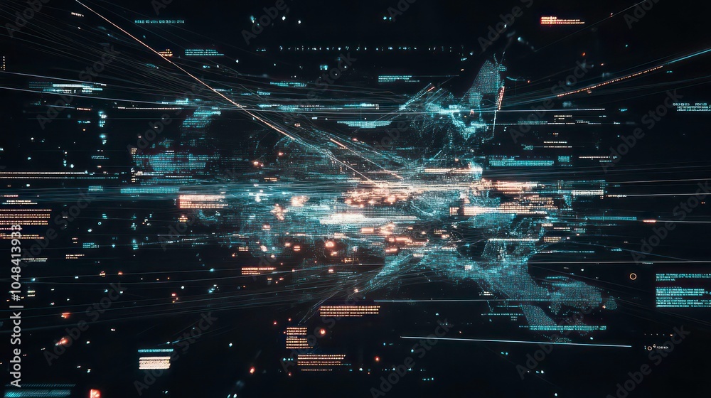 Leinwandbilder Abstract digital data flow visualization with glowing lines and particles in a dark background.