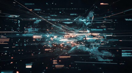 Abstract digital data flow visualization with glowing lines and particles in a dark background.