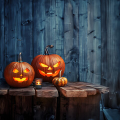 Obraz premium Still life with two shining carved Halloween pumpkins on wooden board surface and background. Concept of Halloween celebration, Trick or Treat and season.