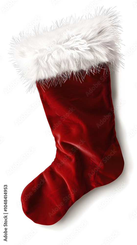 Wall mural high-quality realistic christmas stocking with red velvet body and white fur trim isolated on white 