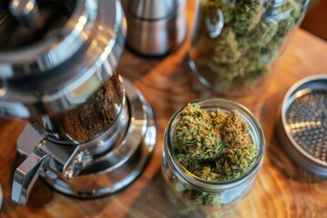 Close-up of a glass jar filled with cannabis buds beside a coffee grinder on a wooden surface, highlighting the preparation for herbal infusions.