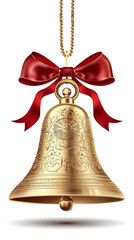 High-quality realistic gold Christmas bell with detailed engravings and red ribbon bow isolated on white background