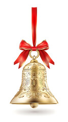 Realistic gold Christmas bell with red ribbon bow, featuring detailed engravings for festive decor.