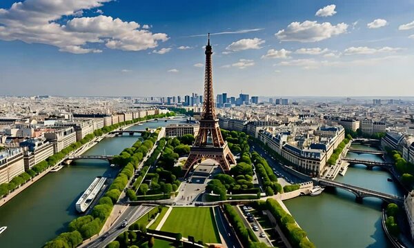 Aerial view of Eiffel Tower with Seine River in Paris on a sunny day, iconic cityscape