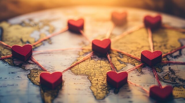 Red hearts connected by string over world map symbolizing global love, unity, and connection