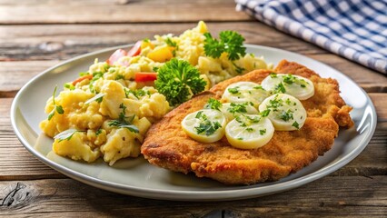 Traditional Austrian dish of schnitzel with potato salad served in a tilted angle
