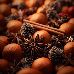 Christmas spices, fruit pieces, baubles, seeds and leaves abstract background. Horizontal composition.