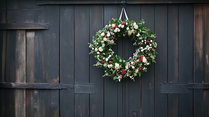 Festive wreath with red, white flowers on rustic door