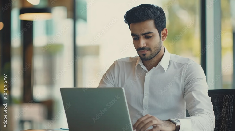 Poster a man is sitting at a desk with a laptop in front of him