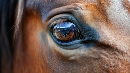 Close-up of brown horse's eye reflecting scene