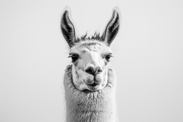 Obraz premium Close-up Portrait of a Llama in Black and White Against a Minimalist Background, Capturing Its Unique Expression and Textured Fur Details.