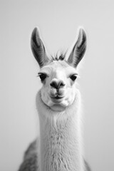 Obraz premium Close-up Portrait of a Serene Llama with a Gentle Expression, Captured in Black and White Photography for Artistic and Nature-themed Projects