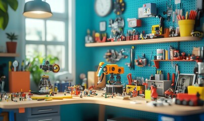 Fototapeta premium Toy robot working in a miniature workshop.