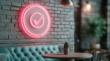 Cozy cafe interior featuring a neon checkmark sign against a textured brick wall.