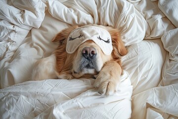 Obraz premium Cozy Golden Retriever Sleeping Peacefully in Bed with Eye Mask, Surrounded by Soft White Bedding, Perfect for Illustrating Pet Relaxation and Comfort.