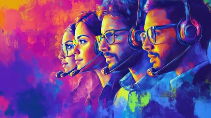 Fototapeta premium Four diverse individuals in headsets and glasses, facing forward on a vibrant abstract background.