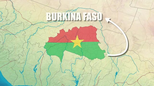 Map of Burkina Faso, zooming animation Italy map flag rotating With text Showing 4K Video Full HD