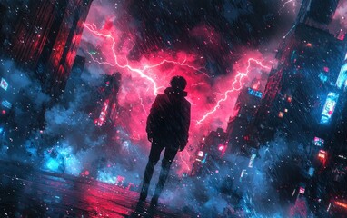 Cyberpunk Cityscape with Lightning Strikes and Silhouette